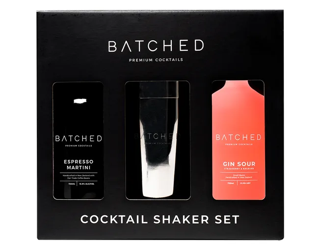 Batched Premium Cocktails Cocktail Shaker Set, includes Espresso Martini and Gin Sour bottles with a shaker.