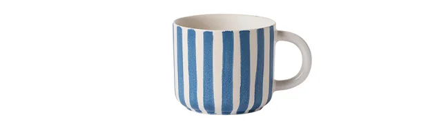 A ceramic mug with vertical blue and white stripes on a white background.