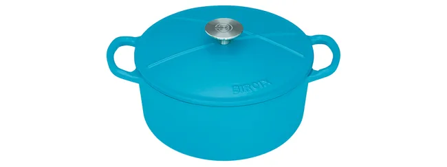 Blue enameled cast iron Dutch oven with lid and handles.