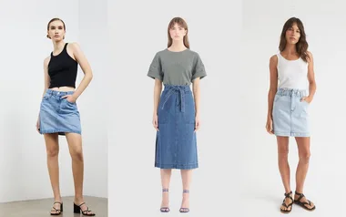 Women wearing different denim skirts with tops against plain backgrounds.