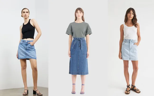 Women wearing different denim skirts with tops against plain backgrounds.