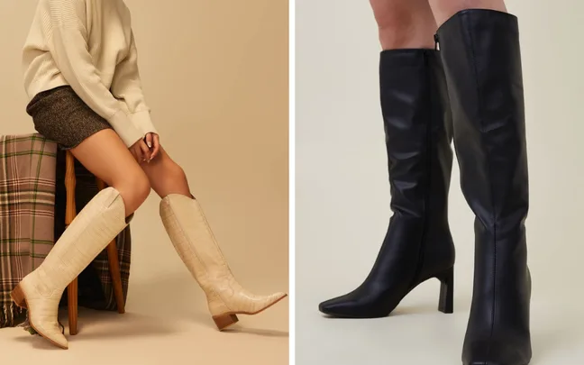 Woman wearing beige knee-high boots, sitting; close-up of black knee-high boots.