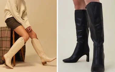 Woman wearing beige knee-high boots, sitting; close-up of black knee-high boots.