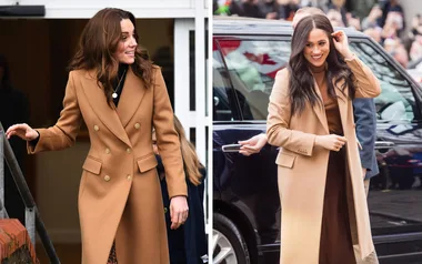 Two women wearing long camel coats; one on the left smiling, the other on the right standing beside a car smiling.
