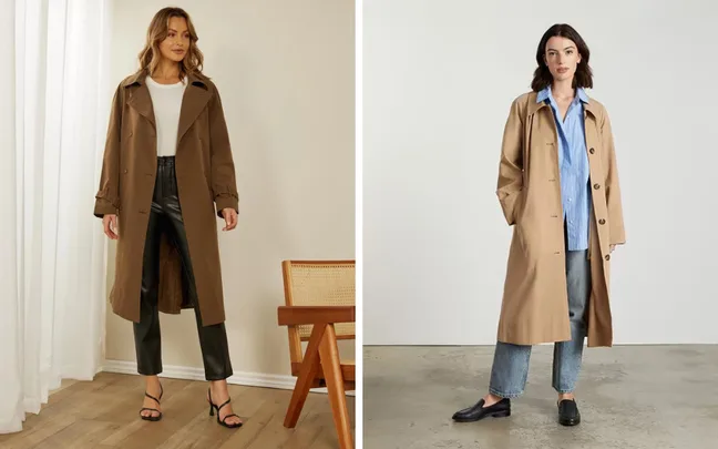 Two women wearing brown trench coats; one styled with black pants, the other with jeans and a blue shirt.