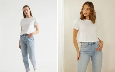 Two women wearing white t-shirts and light blue jeans pose against plain backgrounds.