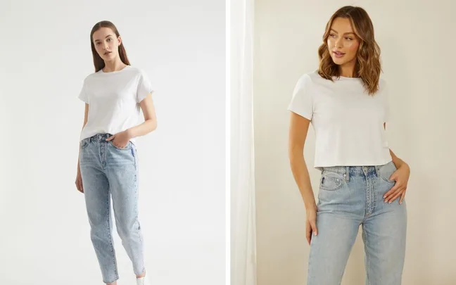Two women wearing white t-shirts and light blue jeans pose against plain backgrounds.
