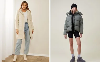 Two women showcasing winter fashion: one in a long beige coat and jeans, the other in a green puffer jacket and black shorts.
