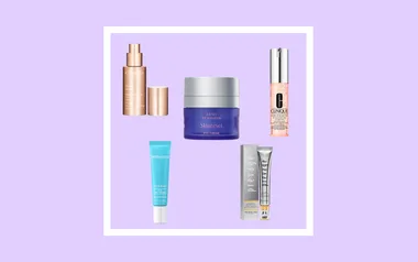 Skincare product collage on a purple background, featuring brands like Clarins, Clinique, and Neutrogena.