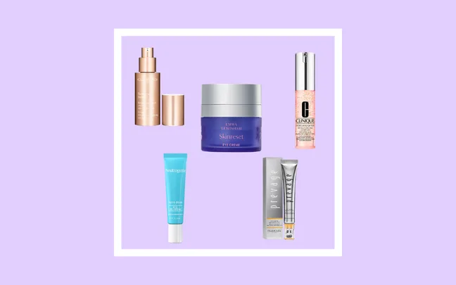 Skincare product collage on a purple background, featuring brands like Clarins, Clinique, and Neutrogena.