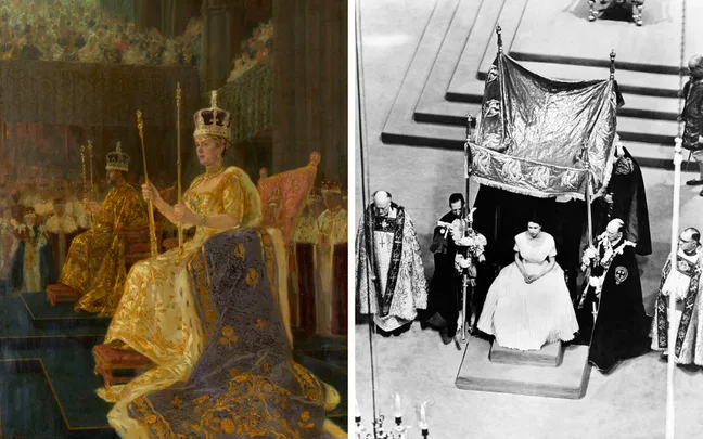 A painting of a seated queen at a coronation next to a black and white photo of a similar ceremonial scene.