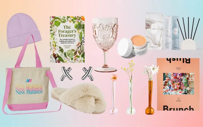 Colorful assortment of gifts: beanie, book, tote bag, glass, skincare, slippers, flowers, and decor on a pastel background.
