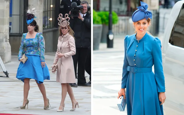 Women in elaborate hats and elegant dresses at a formal event.
