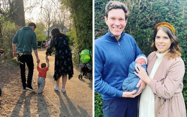 "Two photos: parents walking with child on path; man and woman holding newborn outdoors."