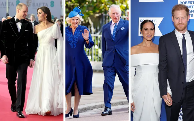 Three couples in formal attire at various events, including red carpet and outdoor setting.