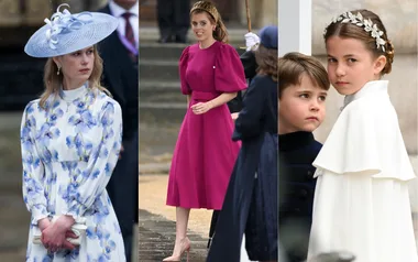 Three women in elegant dresses: one in blue floral with a hat, one in magenta, and a young girl in white with a tiara.