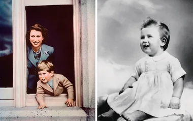 Two vintage photos: left, a woman and child at a window; right, a baby in a white dress sitting and smiling.