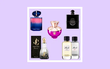Various luxury perfume bottles arranged on a purple background.