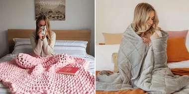 Woman on bed with pink knit blanket and book, sipping drink; another wraps in gray blanket, both appear cozy and content.