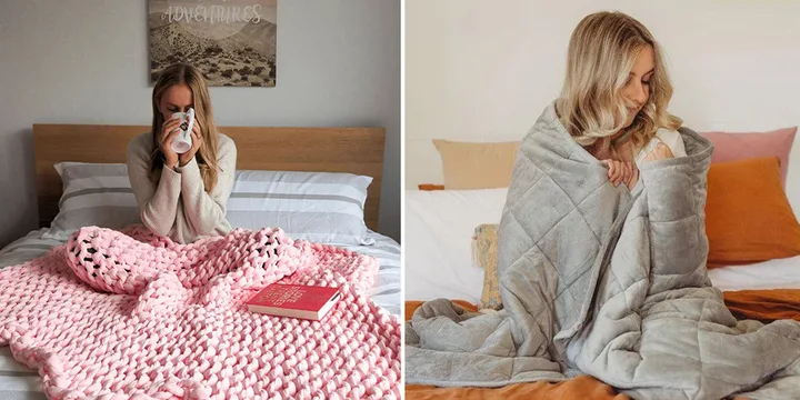 Woman on bed with pink knit blanket and book, sipping drink; another wraps in gray blanket, both appear cozy and content.