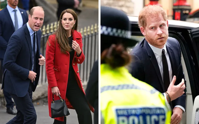 Two images: First, a man and woman in formal attire walking; second, a man in a suit exiting a car beside a police officer.