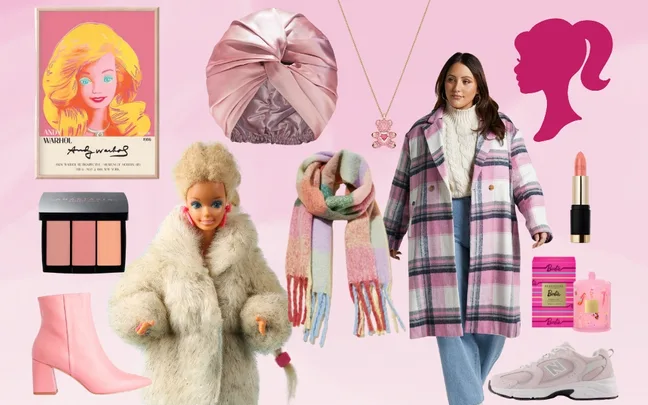 Pink-themed collage featuring Barbie doll, fashion items, makeup, and an Andy Warhol Barbie print.