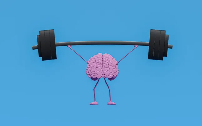 A cartoon brain with arms and legs lifting a barbell against a blue background.