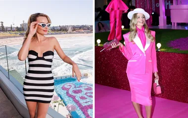 Two women side-by-side: one in a black-and-white striped dress by the beach, another in a pink suit with a hat indoors.