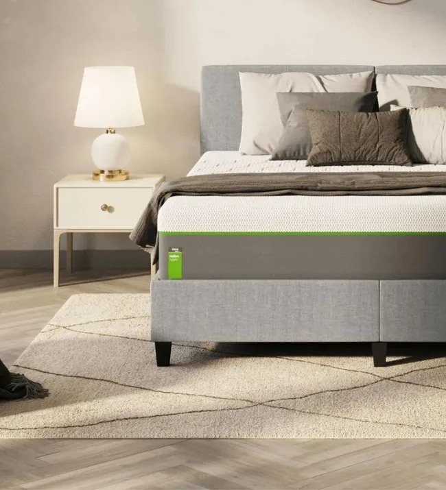 Bed with grey headboard, white and grey sheets, and beige rug in a modern bedroom, next to a lamp on a side table.