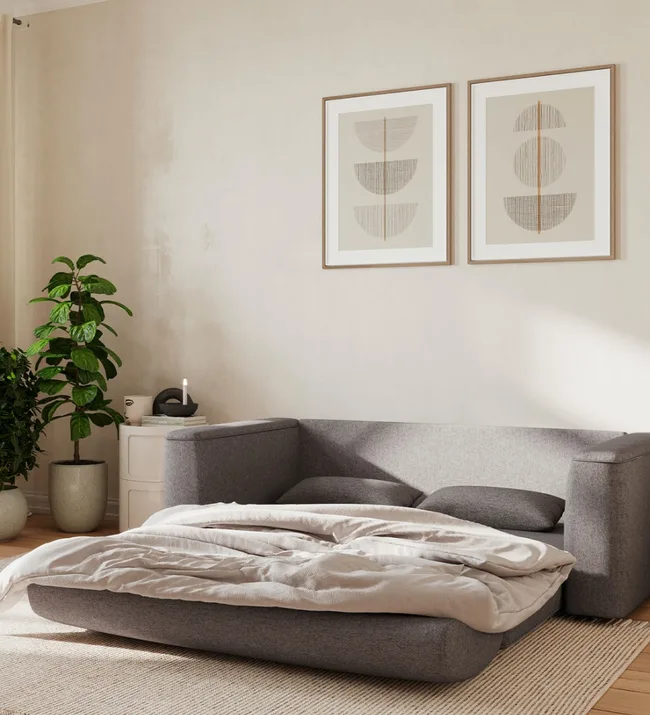 Gray sofa bed with bedding in a cozy room, plant on the side, and abstract art on the wall.