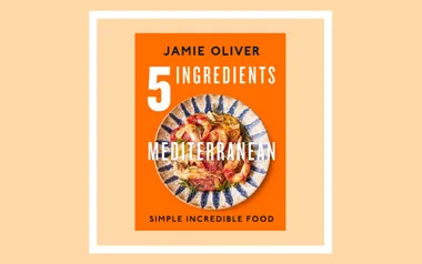 "Cover of Jamie Oliver's '5 Ingredients Mediterranean', featuring a dish with shrimp on an orange background."