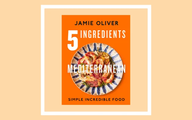 "Cover of Jamie Oliver's '5 Ingredients Mediterranean', featuring a dish with shrimp on an orange background."