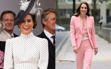 Two women, one in a polka dot dress with a hat and the other in a pink suit, both smiling in different settings.