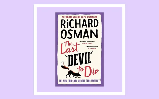 Book cover: "The Last Devil to Die" by Richard Osman, featuring a fox silhouette, purple border, and blurbs.