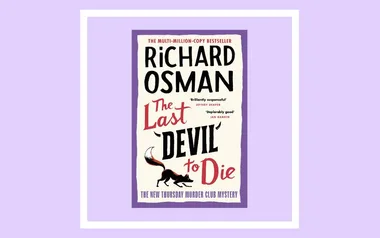 Book cover: "The Last Devil to Die" by Richard Osman, featuring a fox silhouette, purple border, and blurbs.