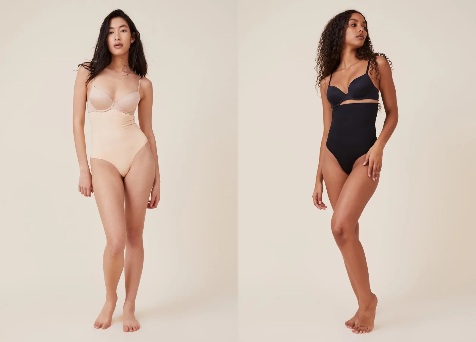 Woman wearing Cotton On black and nude shapewear