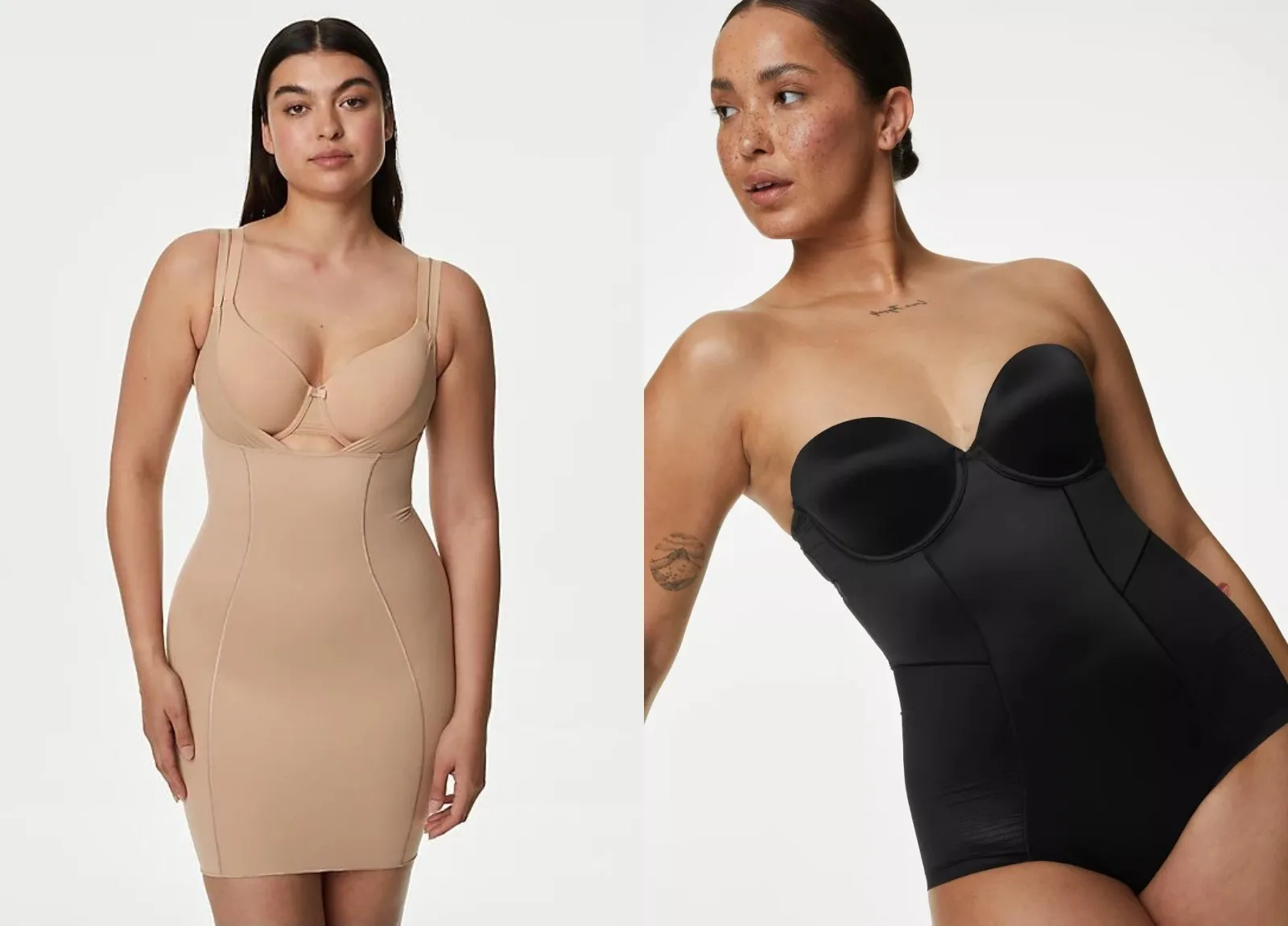 Women wearing Marks and Spencer black and nude shapewear
