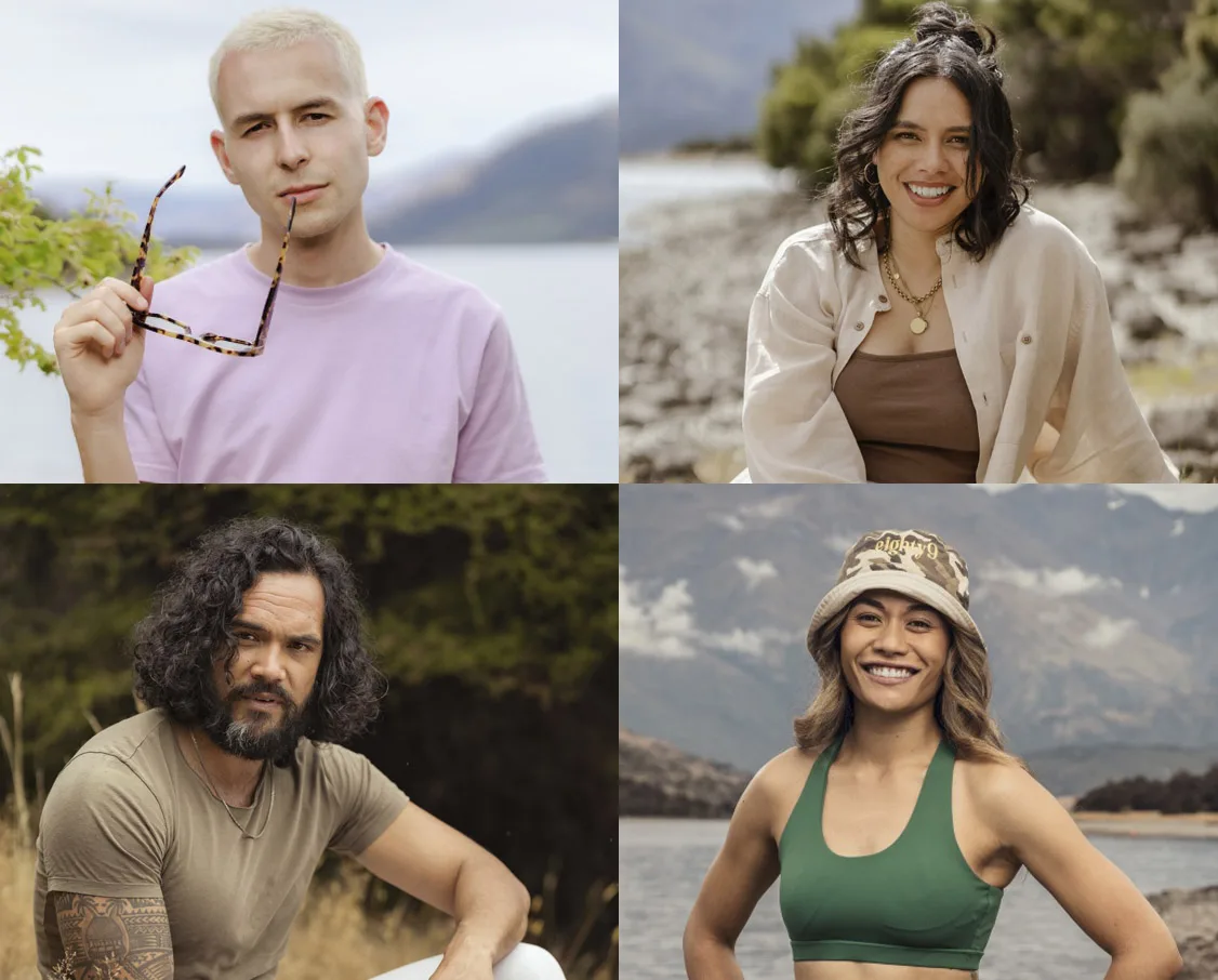 Four people outdoors: a man with sunglasses, a smiling woman, a man with curly hair, and a woman in a green top by water.
