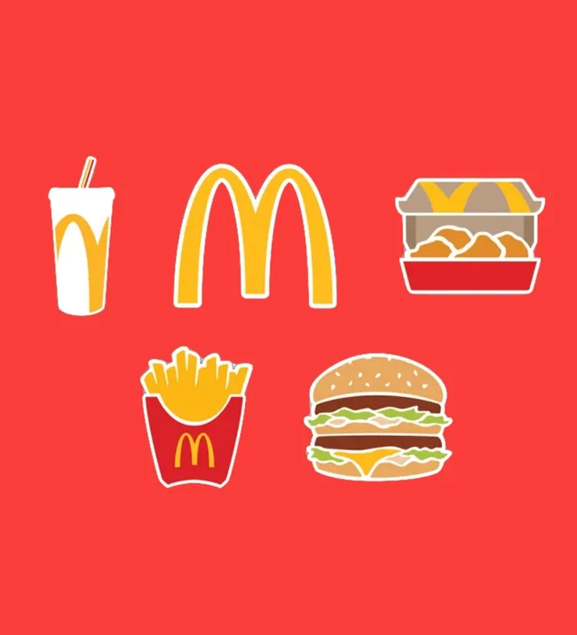 McDonald's icons: drink, fries, burger, nuggets, and logo on a red background.