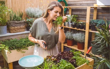 Woman in a garden smelling fresh herbs from a planter box, surrounded by potted plants on wooden shelves.