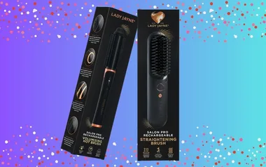 Rechargeable volumising hot brush and straightening brush in black packaging from Lady Jayne on a colorful background.