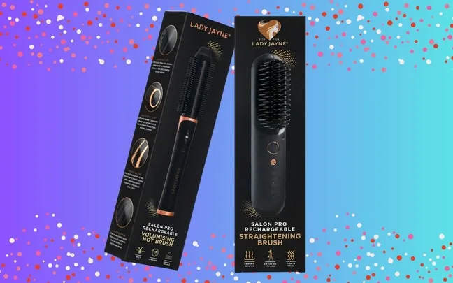 Rechargeable volumising hot brush and straightening brush in black packaging from Lady Jayne on a colorful background.