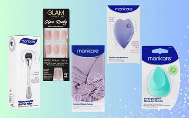 Manicare beauty products against a pastel gradient background, showcasing nails, derma roller, turban, hair remover, and blender.