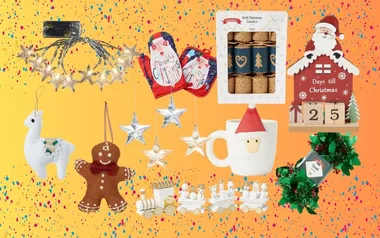 Christmas decorations on a colorful background, featuring stars, a llama, gingerbread, crackers, mug, and countdown.