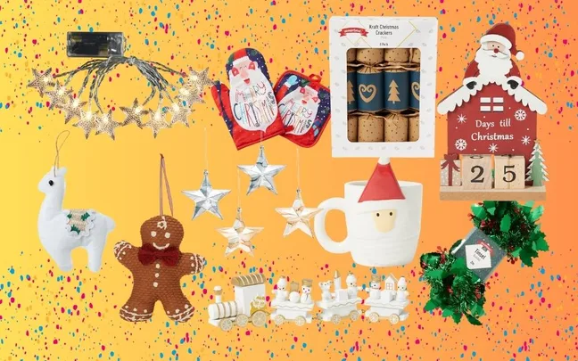Christmas decorations on a colorful background, featuring stars, a llama, gingerbread, crackers, mug, and countdown.