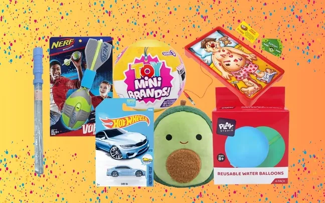 Assorted toys on a colorful background, including Nerf, Toy Mini Brands, Hot Wheels, and plush avocado.
