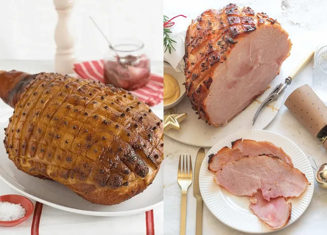 Baked ham with cloves on the left and sliced ham on a plate on the right, with garnishes around.