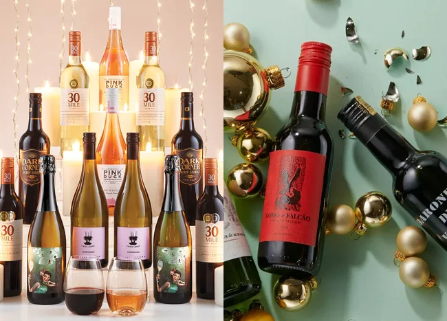 Various wine bottles with festive decorations, including lights and ornaments, arranged on a split background.
