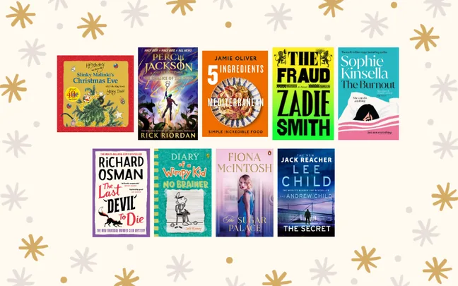 Book covers including "Slinky Malinki's Christmas Eve," "Percy Jackson," "5 Ingredients Mediterranean," and more.