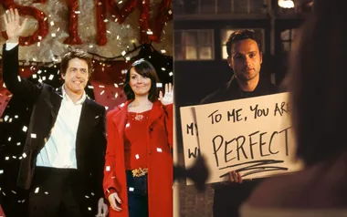 Two scenes from "Love Actually": a couple waving under confetti, and a man holding a sign reading, "To me, you are perfect."